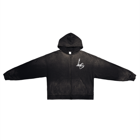 Post-Apocalyptic Aesthetic Pure Cotton Hand-Frayed Monkey Washed Zip Hoodie